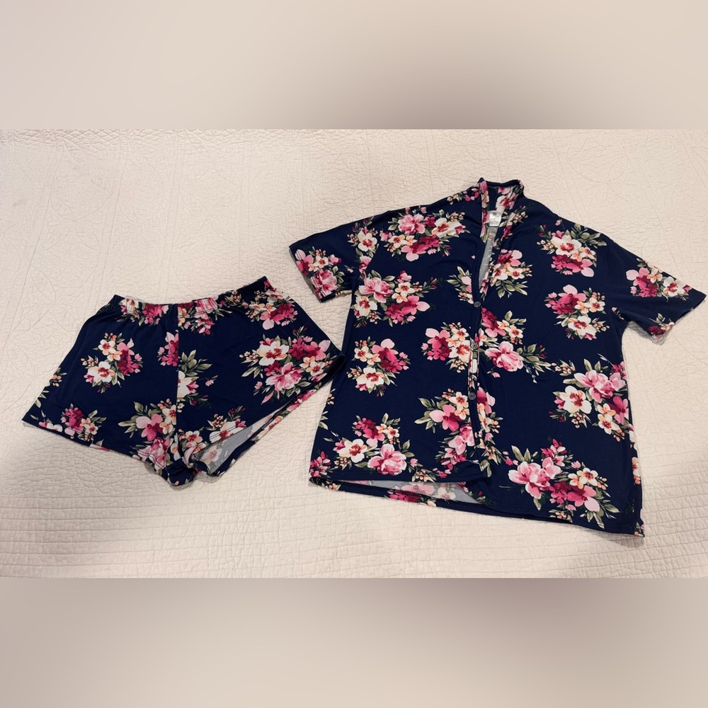 Cozy Rozy pink & blue Floral pattern Pajama Set Intimates Sleepwear Small - Picture 3 of 5
